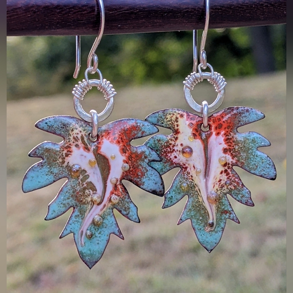 Hand Crafted Sterling Silver Earrings Artisan Leaf Charm Wire Wrap Hoop - Picture 2 of 15